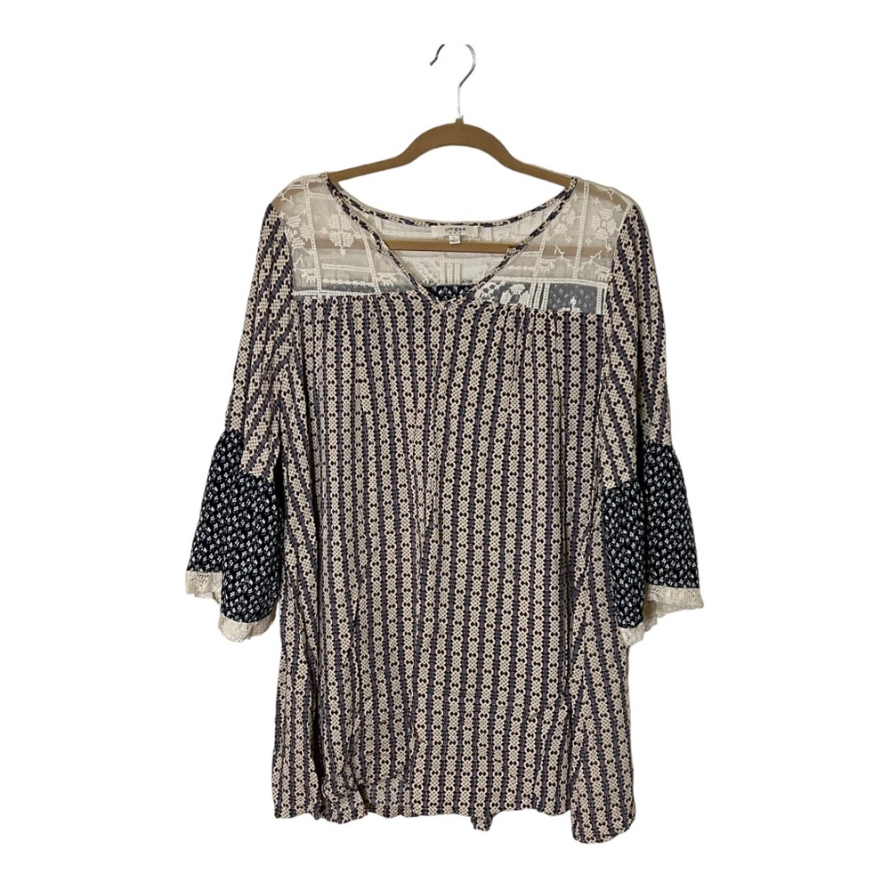 NWOT Umgee Boho Mixed Print Embroidered Lace Tunic - Blue Brown Cream - Large